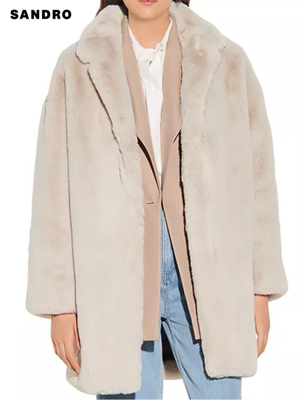 Sandro Fanye Faux Fur Coat 3 L Oversized Beige Cream Teddy Quiet Luxury Plush